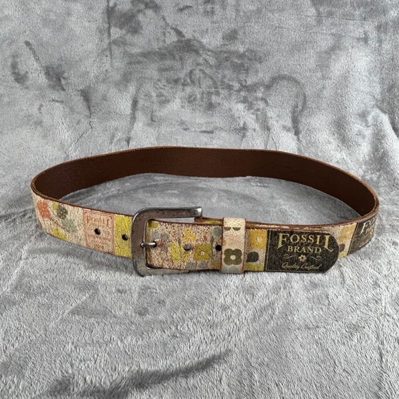 Fossil Accessories - Vintage Fossil Brand Leather Belt Small Distressed Floral Patchwork Brown Multi